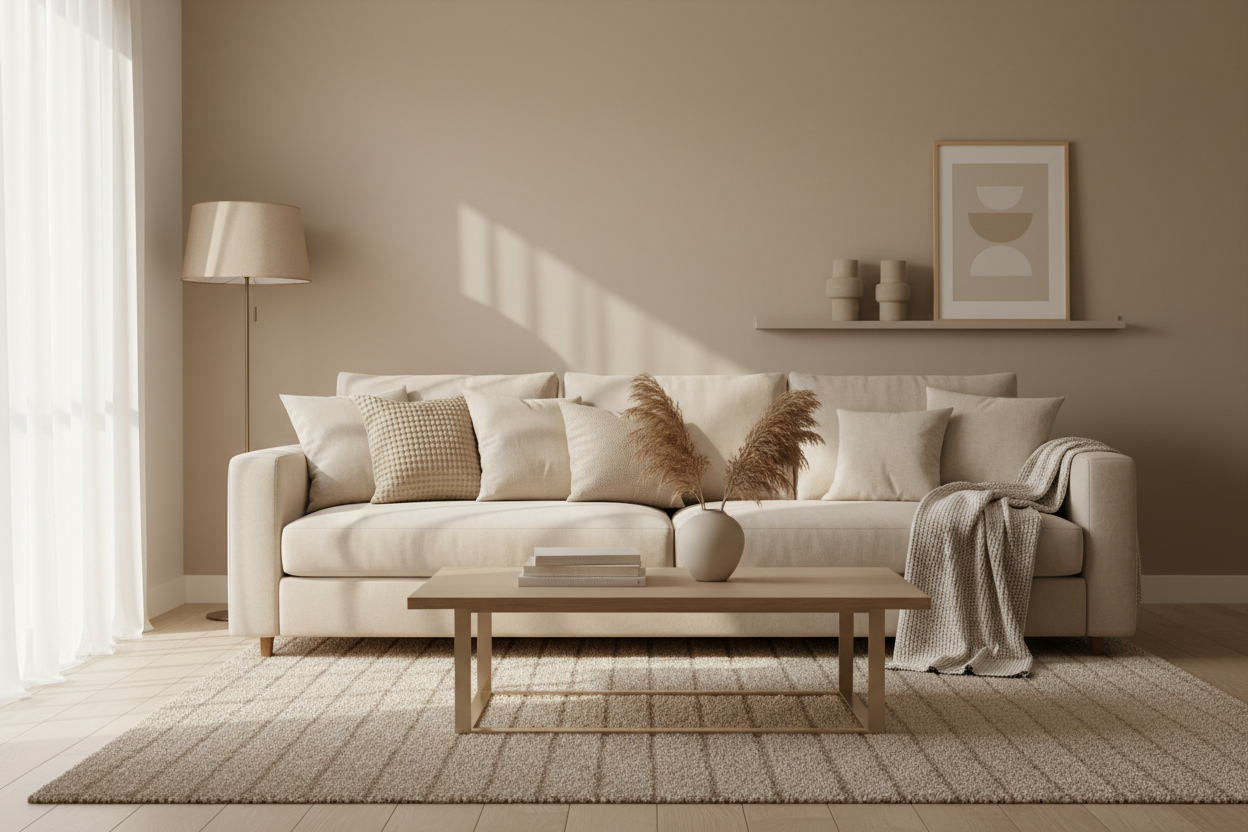 Make a living room catagory image in the color beige