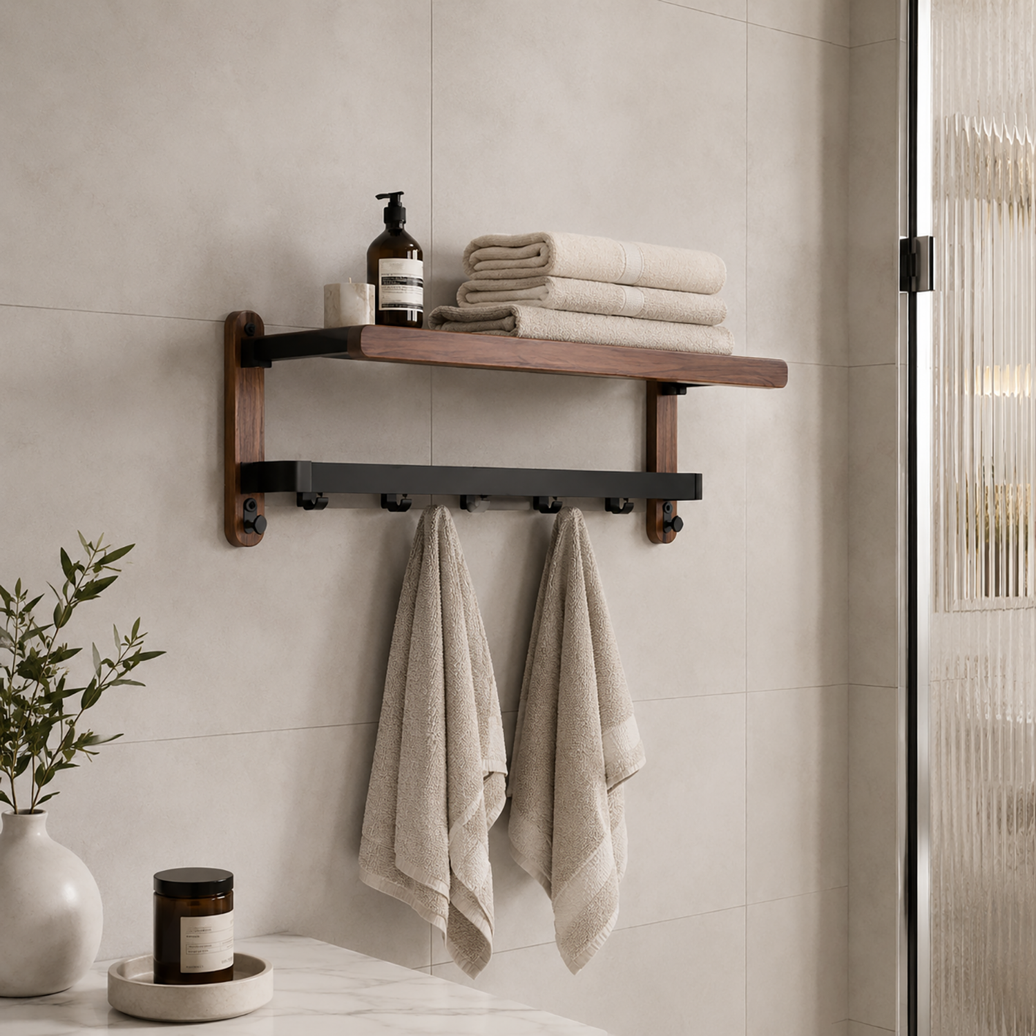 Wooden Towel Rack Wall Mounted | Bathroom Shelf with Towel Bar