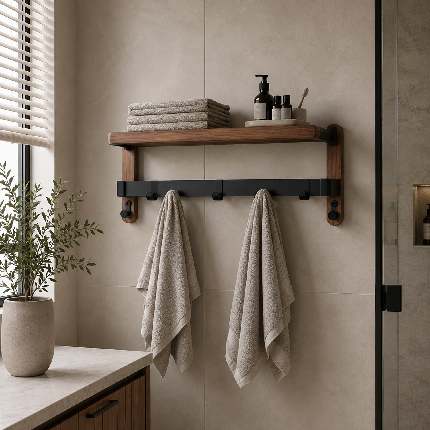 Wooden Towel Rack Wall Mounted | Bathroom Shelf with Towel Bar