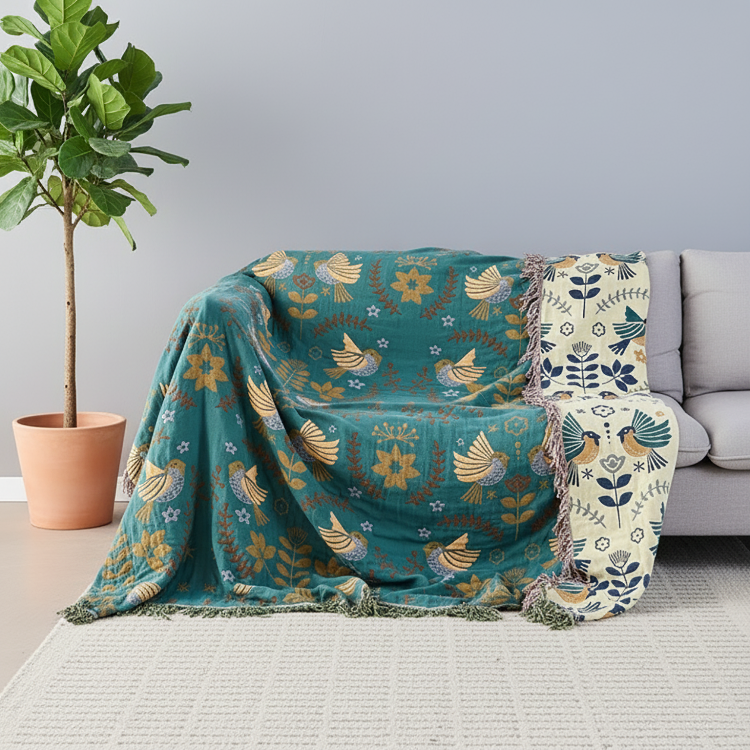 Bird Blanket | Reversible cotton comfort with Nordic charm