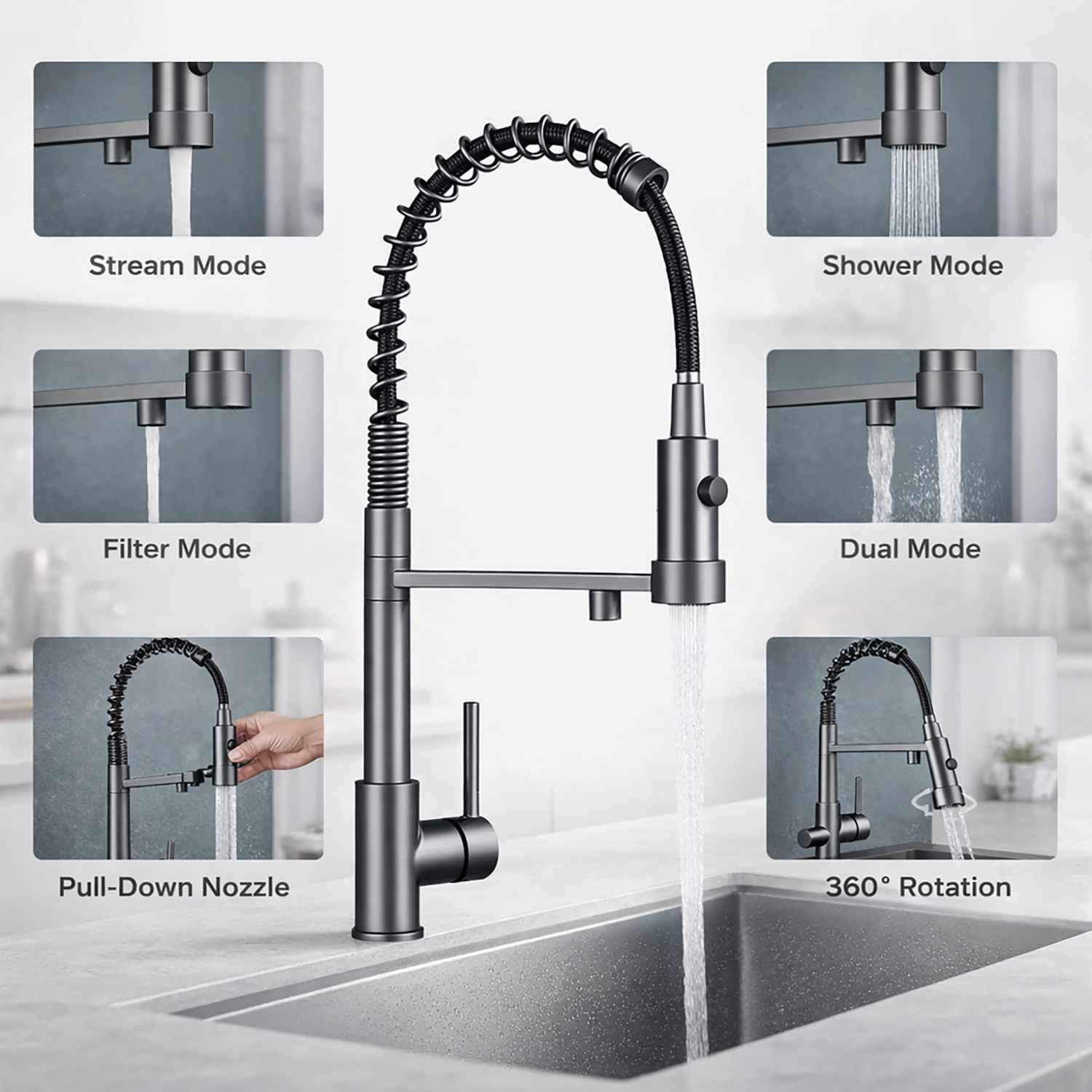 Kitchen Faucet | 3-way pull-down design for modern convenience