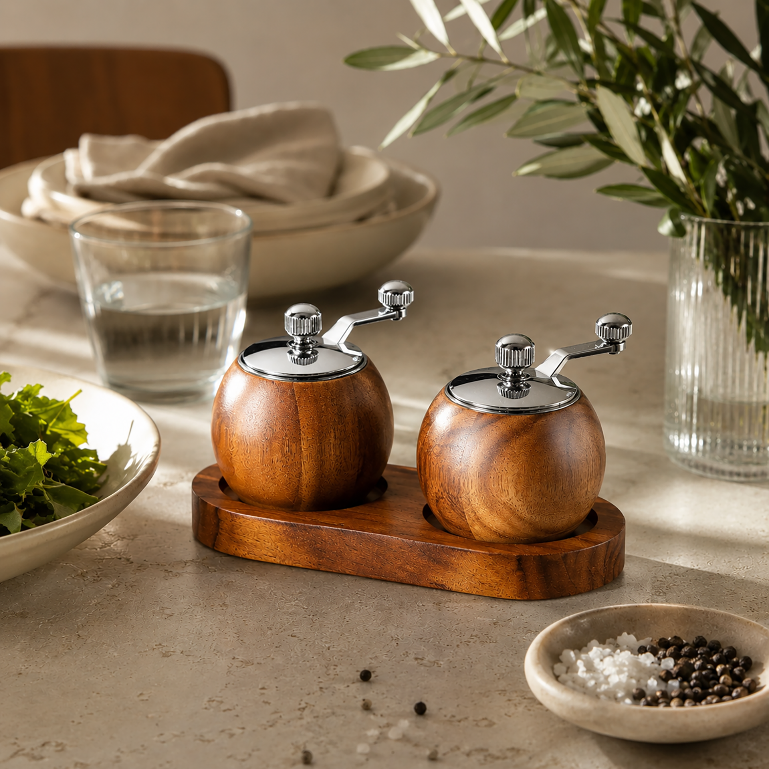 Salt and Pepper Grinder Set | Manual Wood Mills with Wooden Tray