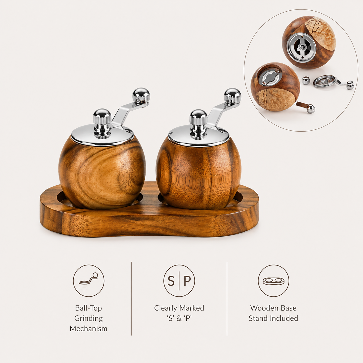 Salt and Pepper Grinder Set | Manual Wood Mills with Wooden Tray