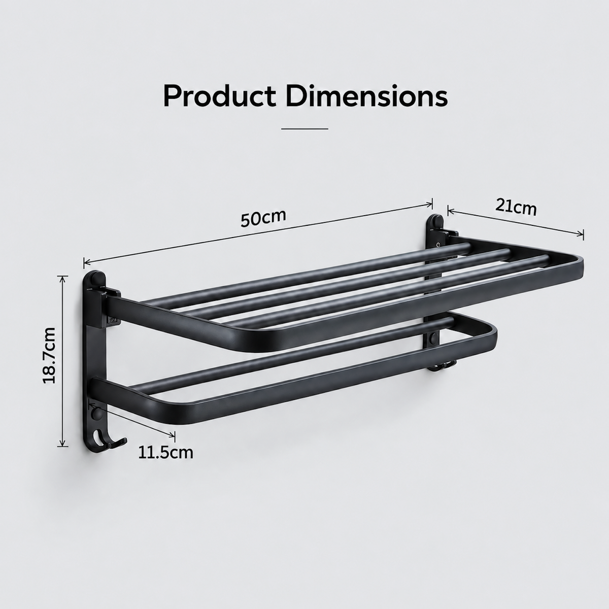 Towel Rail with Hooks | Wall Mounted Aluminium Bathroom Rack, Black
