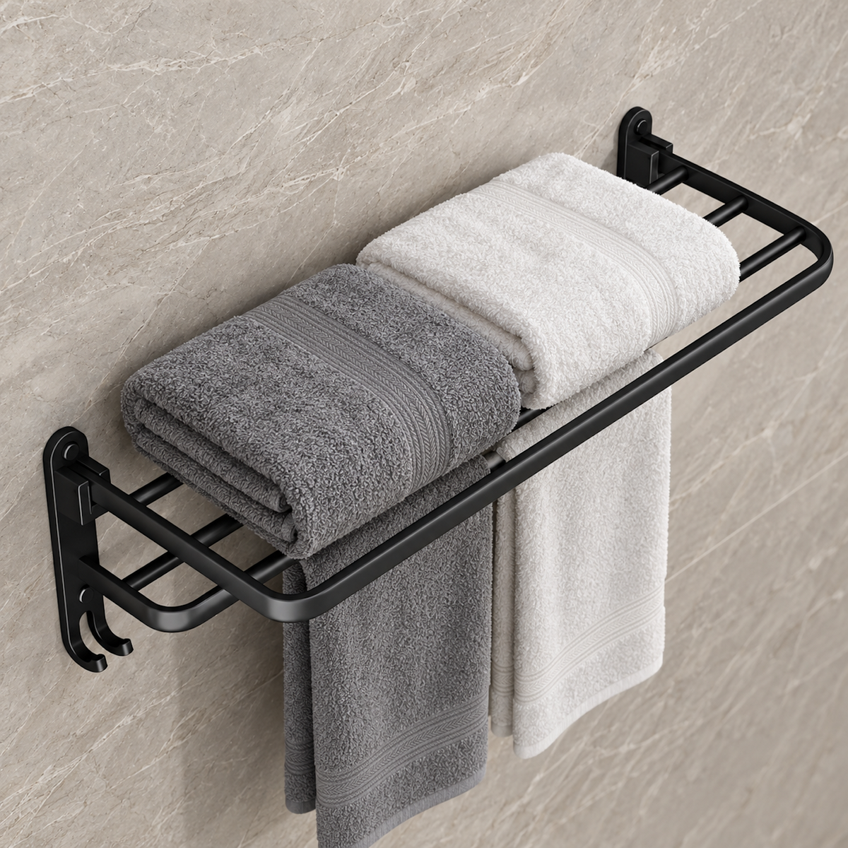 Towel Rail with Hooks | Wall Mounted Aluminium Bathroom Rack, Black