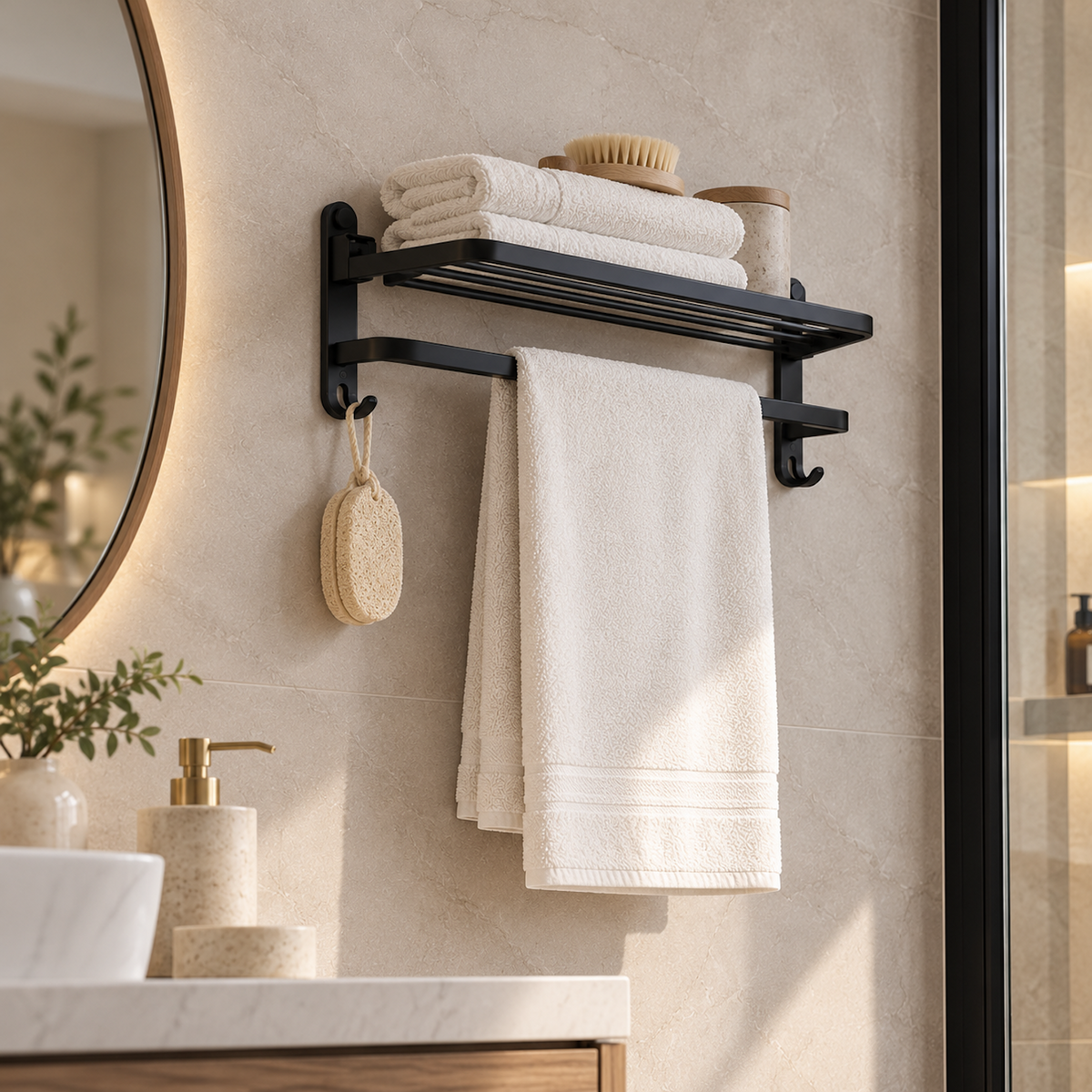 Towel Rail with Hooks | Wall Mounted Aluminium Bathroom Rack, Black