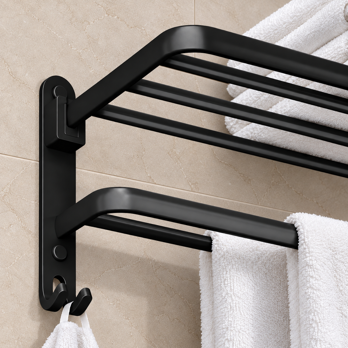 Towel Rail with Hooks | Wall Mounted Aluminium Bathroom Rack, Black
