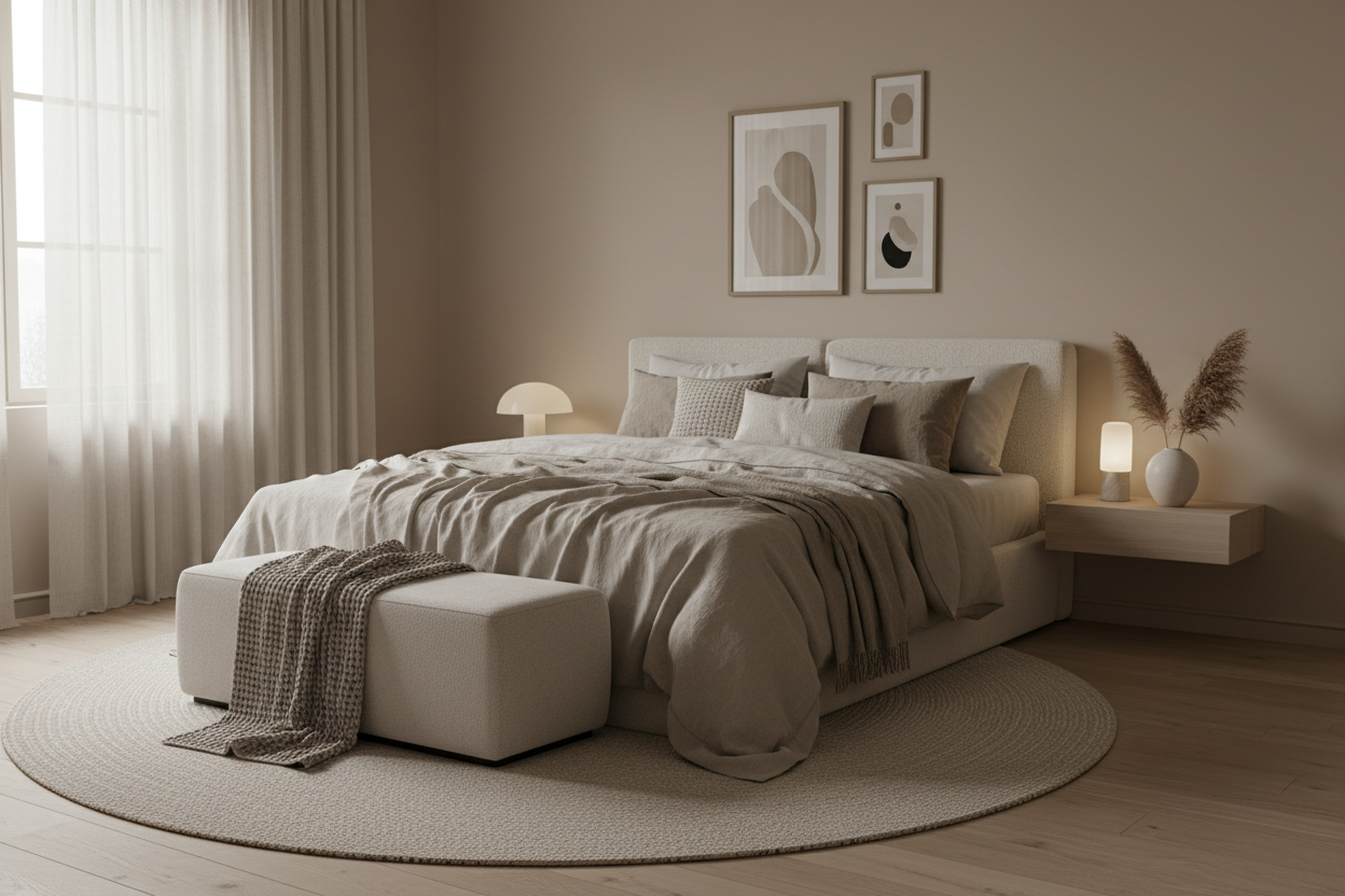 Make a Bedroom image for the catagory Bedroom with beige colors
