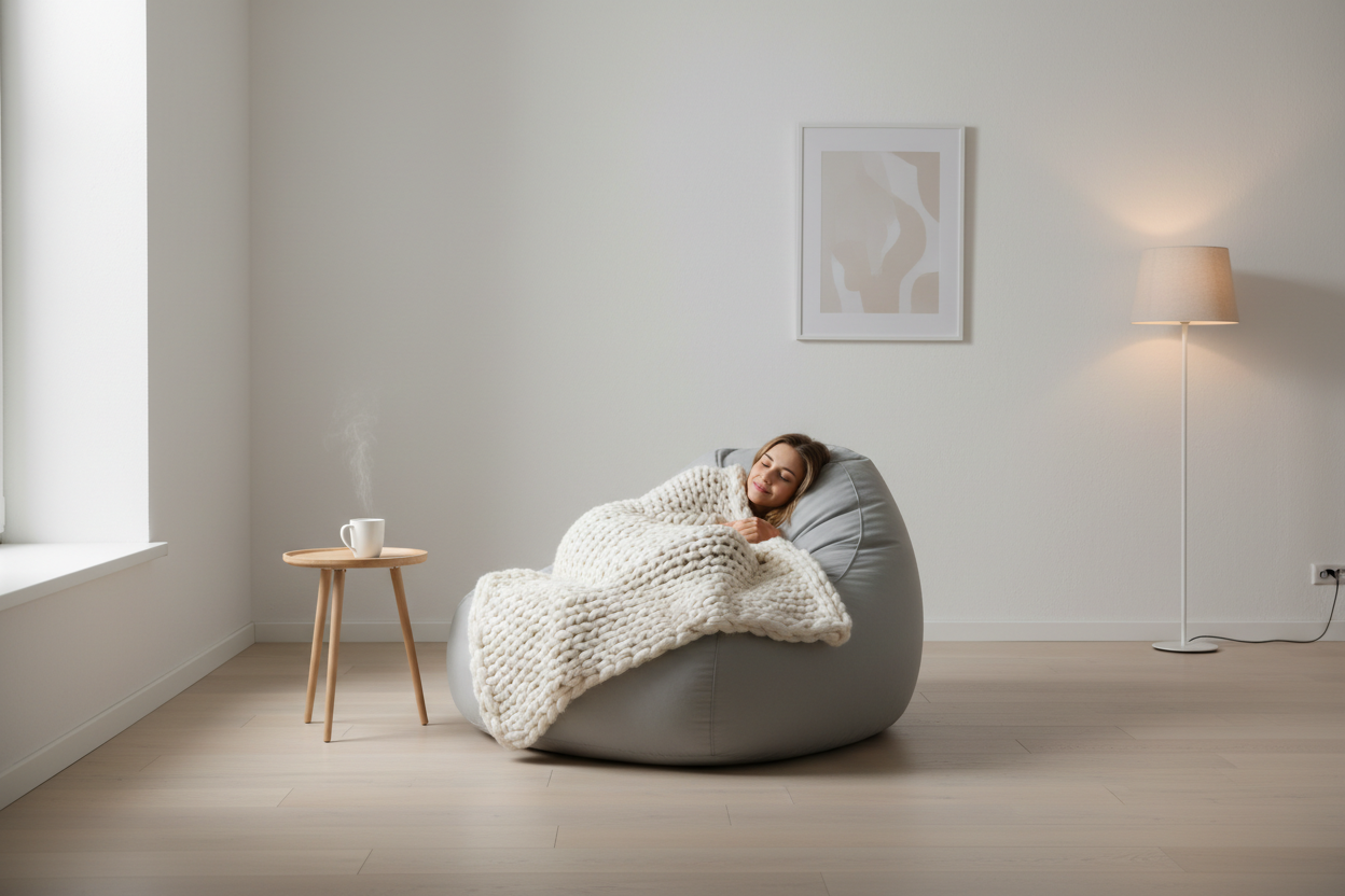 Vrouw met blanket in zitzak simplistisch