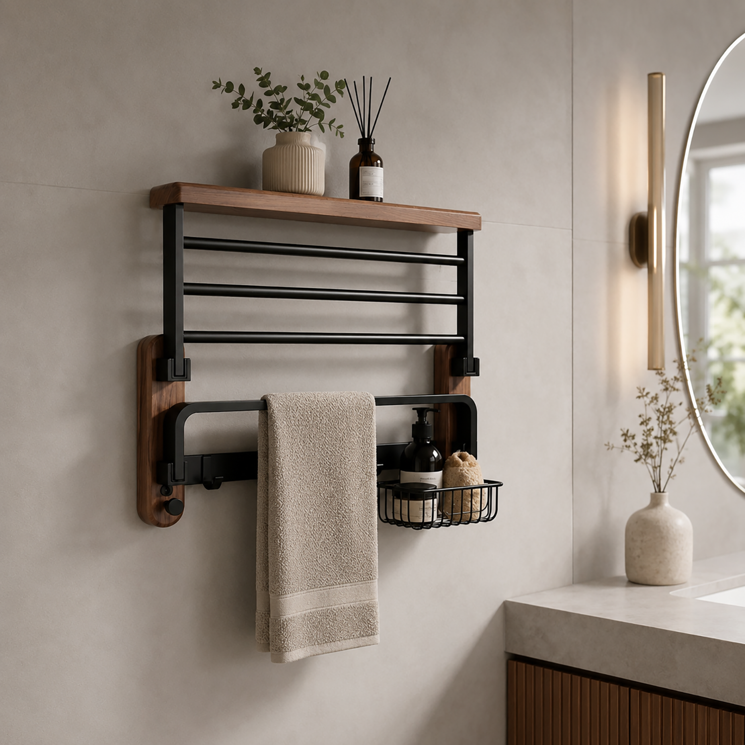 Wooden Towel Rack Wall Mounted | Bathroom Shelf with Towel Bar