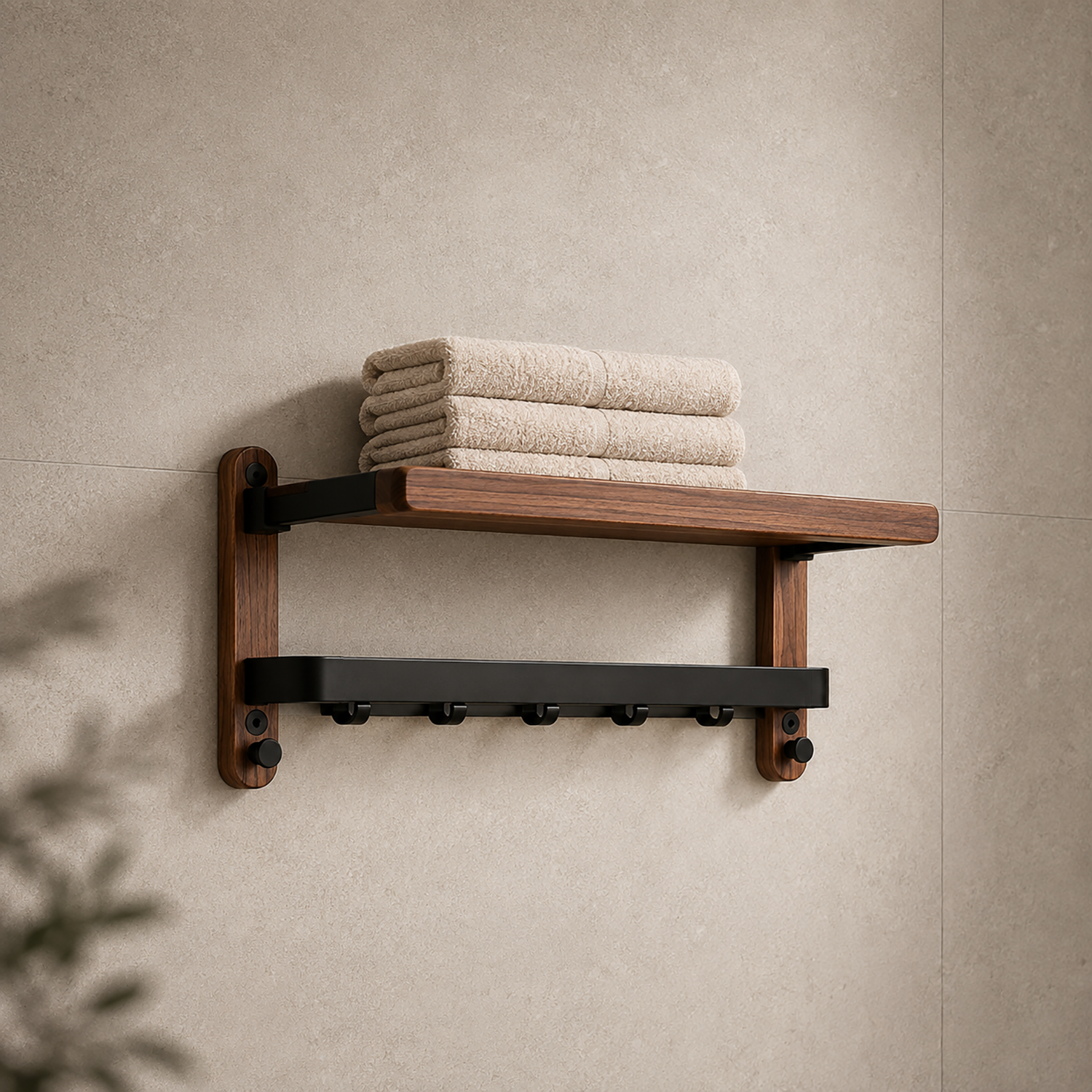 Wooden Towel Rack Wall Mounted | Bathroom Shelf with Towel Bar